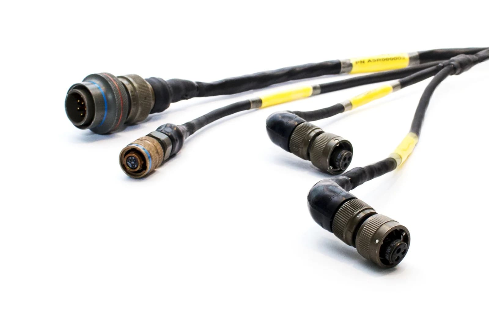 Defence electronic control unit harness with labelled branches and circular connectors