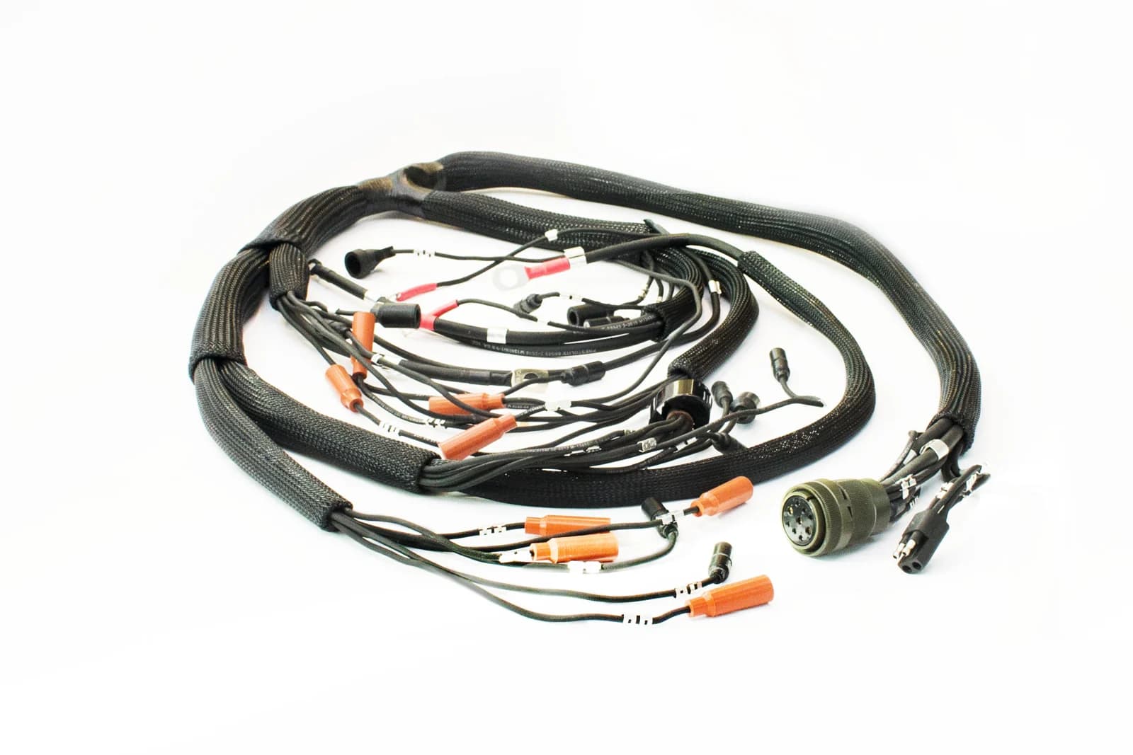 Defence engine wire harness with branching leads and individual terminations