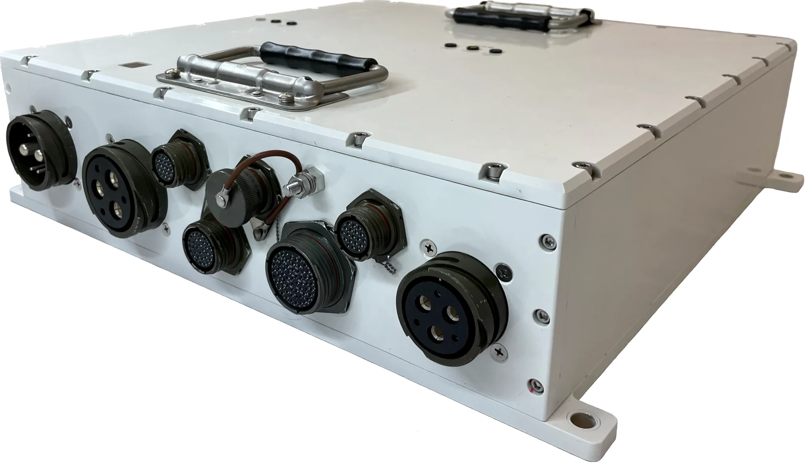 Radbon electronics enclosure with panel-mounted connectors and carry handles